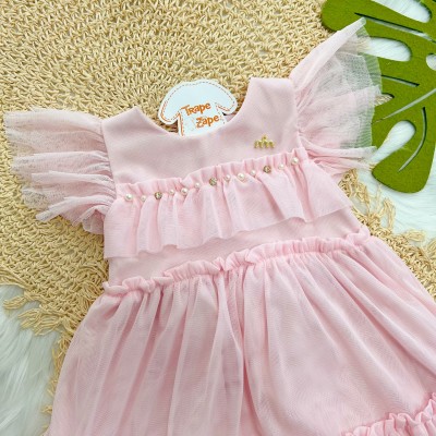 Vestido em Tule com Pérolas - Rosa